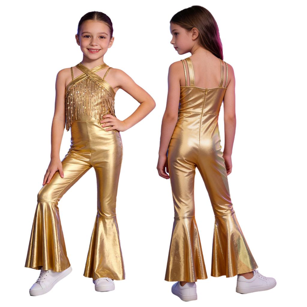 Kids Metallic Disco Dance Bodysuit: Sleeveless Sequins Tassels Jumpsuit with Back Invisible Zipper & Flared Pants
