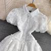 Summer High Quality Women White Mesh Embroidery Flower Party Dress Sweet Girls Puff Sleeve Ruffles Princess Cake Dresses