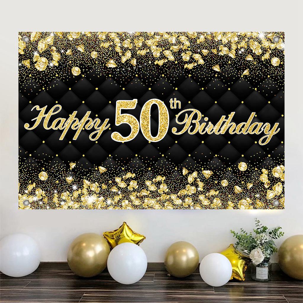 30th 40th 50th Happy Birthday Party Backdrop Black Gold Diamond Background Banner 30th 40th 50th Birthday Party Decoration