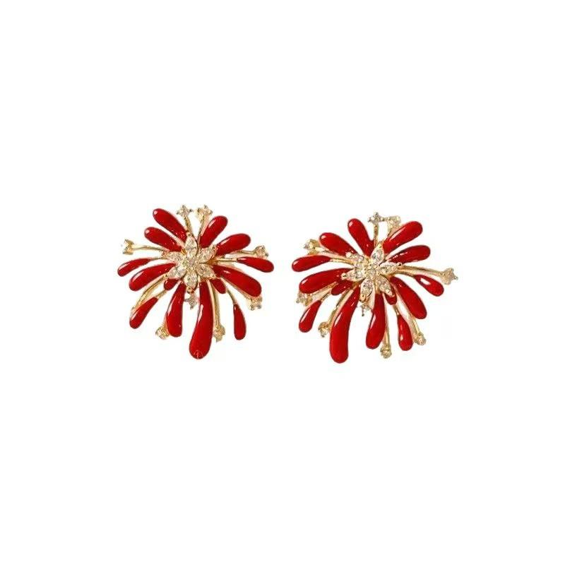 New Year's red zircon fireworks stud earrings women's ear clips 1111 new popular earrings unique niche beautiful earrings