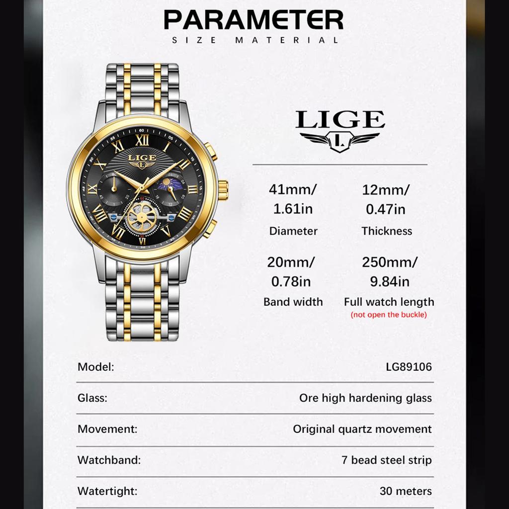 LIGE Лучший бренд, оригинальные мужские кварцевые часы, модные водонепроницаемые мужские часы для отдыха, все стальные ночные светящиеся часы
