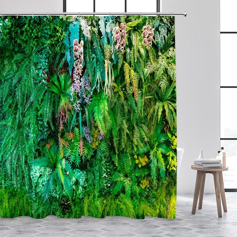 Зеленые листья Шторы для душа Тропический лист Сад Лиана Растение Настенный гобелен Ткань Домашний декор для ванной комнаты Набор занавесок для ванны с крючками