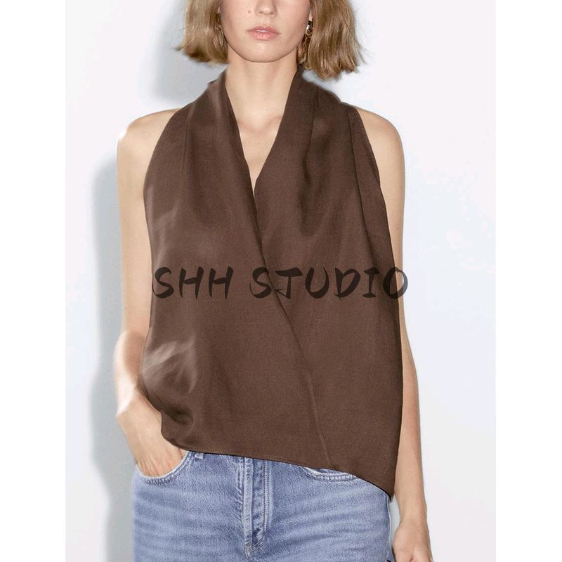 MD Summer Women's Clothing French Style Normcore Elegance Cross Hanging Collar Spaghetti Straps Sleeveless Shirt Tops 5131640