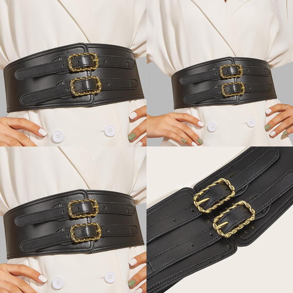 Women Vintage Elastic Waistband Waist Cincher With Double Button Twist Buckle