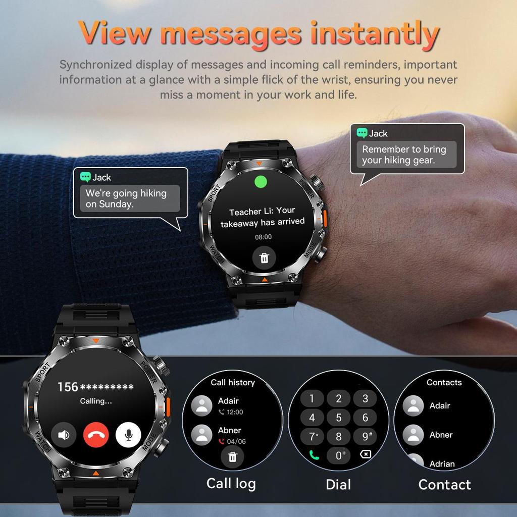 Военные QTLLBT SmartWatch 1,46-дюймовый HD светодиодный фонарик компас фитнес-трекер с функцией спортивные часы, пульсометр SPO2 совместимы с