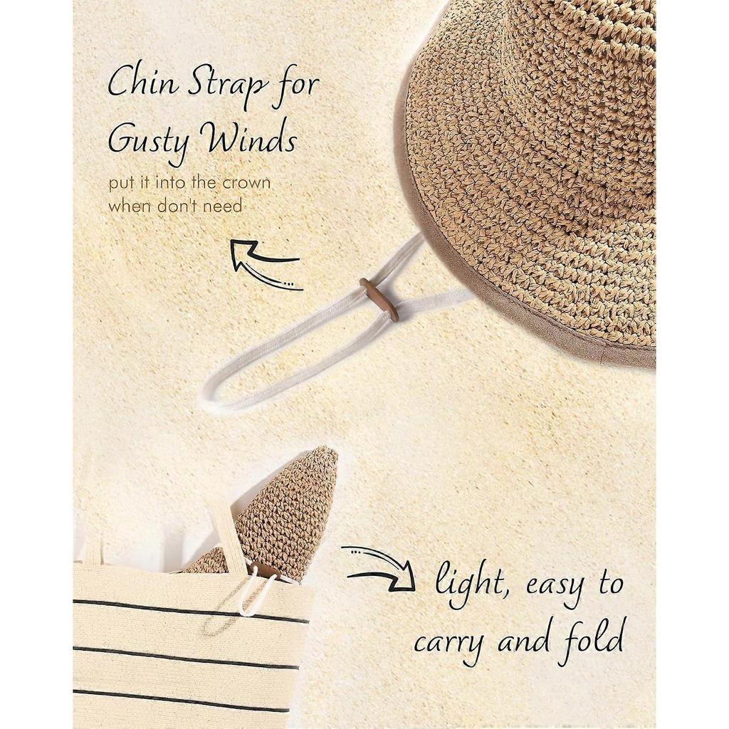 Summer Straw Beach Sun Hats for Women UPF 50 Floppy Wide Brim Travel Bucket Hat Foldable Packable