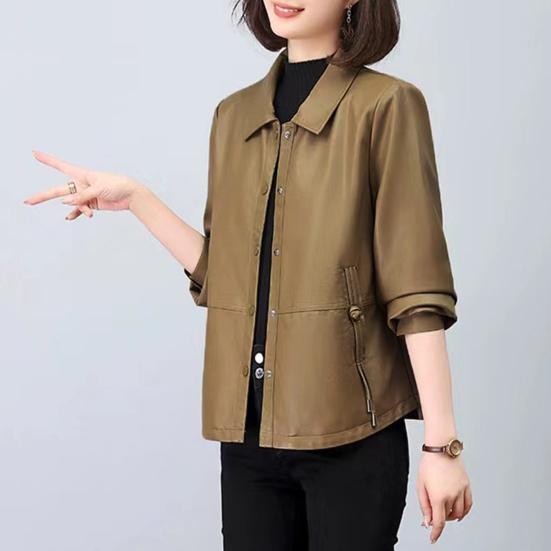Women Jacket Faux Leather Smooth Surface Turn-down Collar Single-breasted Pockets Long Sleeves Retro Motorcycle Coat Plus Size Travel Outerwear