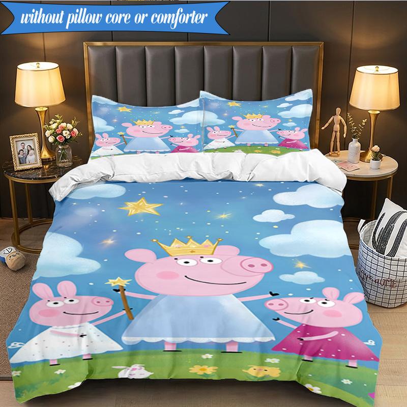 3PCS Princess Peppa Bedding Set 2D Printing (Includes 1 Duvet Cover + 2 Pillowcases Coreless), Bedroom decor,Fan gift