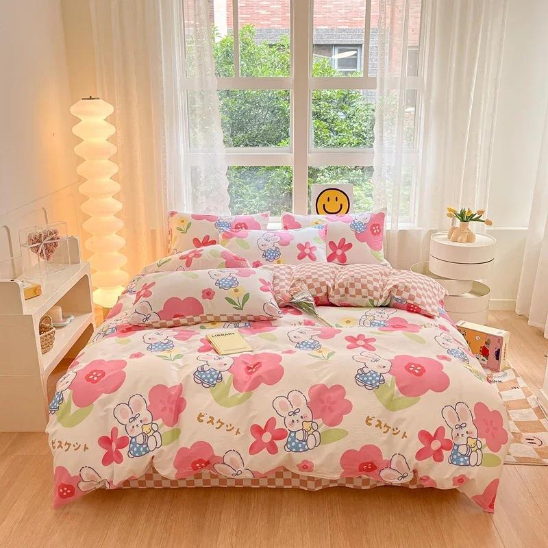 Комплект постельного белья из 3 предметов с цветными цветами в мультяшном стиле из 100% хлопка, мягкий и приятный на ощупь, с 2 наволочками