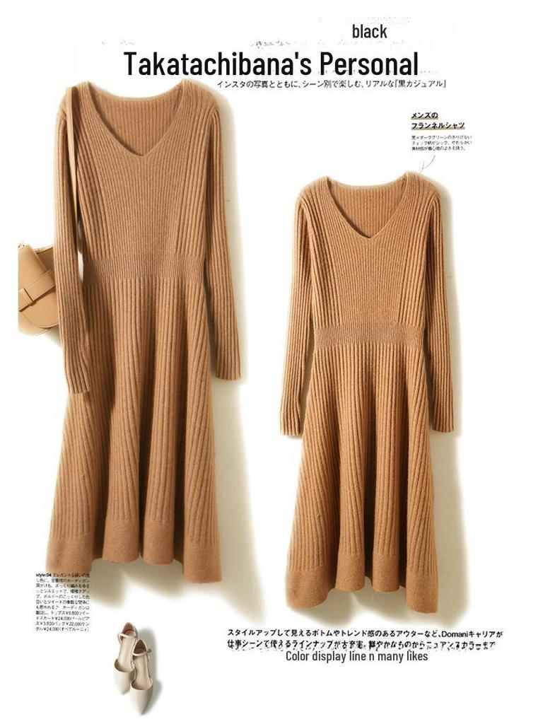 Women's Pure Wool V-Neck Ribbed Knit Dress: Slim, A-Line, Warm Autumn/Winter Sweater Skirt.