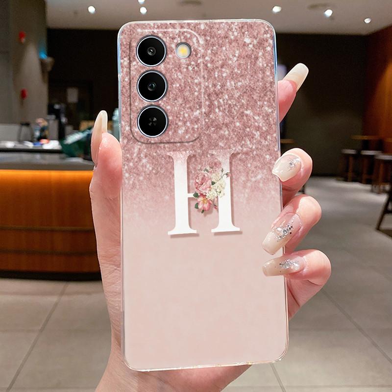 Чехол для Realme C83 5G/P4 Lite 5G, прозрачный силиконовый TPU, противоударный, мягкий корпус, розовый, с блестящим узором 'Счастливая буква от А до Я', парный чехол