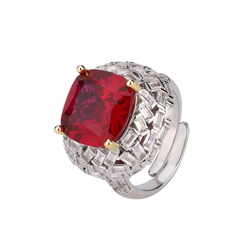 Цвет сокровище квадратное цветовое разделение гальванопокрытие розовый бриллиант желтый бриллиант красный корунд кольцо медные украшения циркон кольцо открытие мода