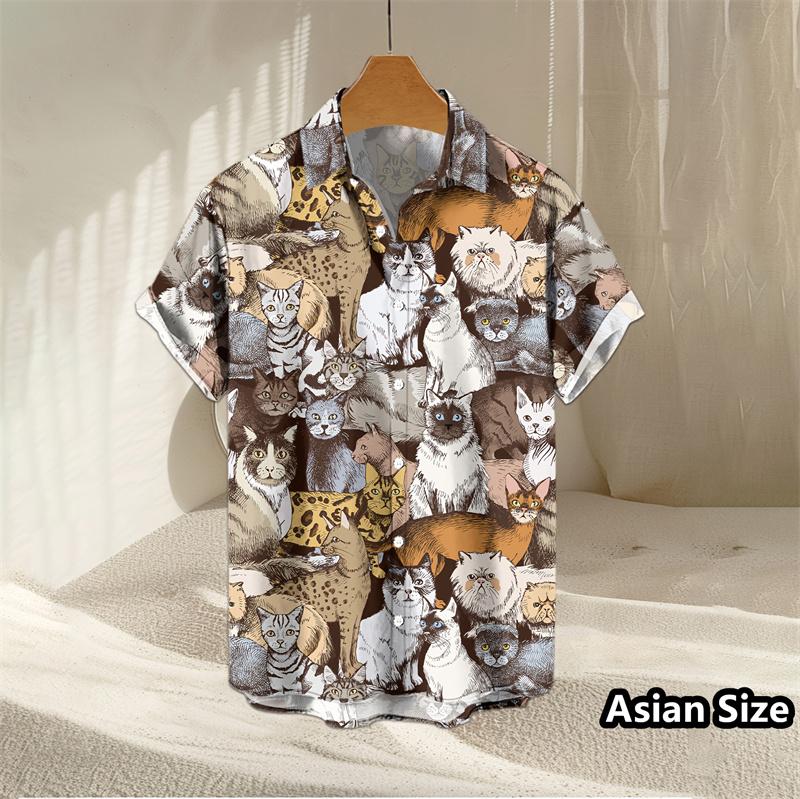 Fashion 3D Printed Cat Hawaiian Shirt Summer Street Short Sleeves Button Down Animal Graphic Shirts Women Beach Lapel Blouse