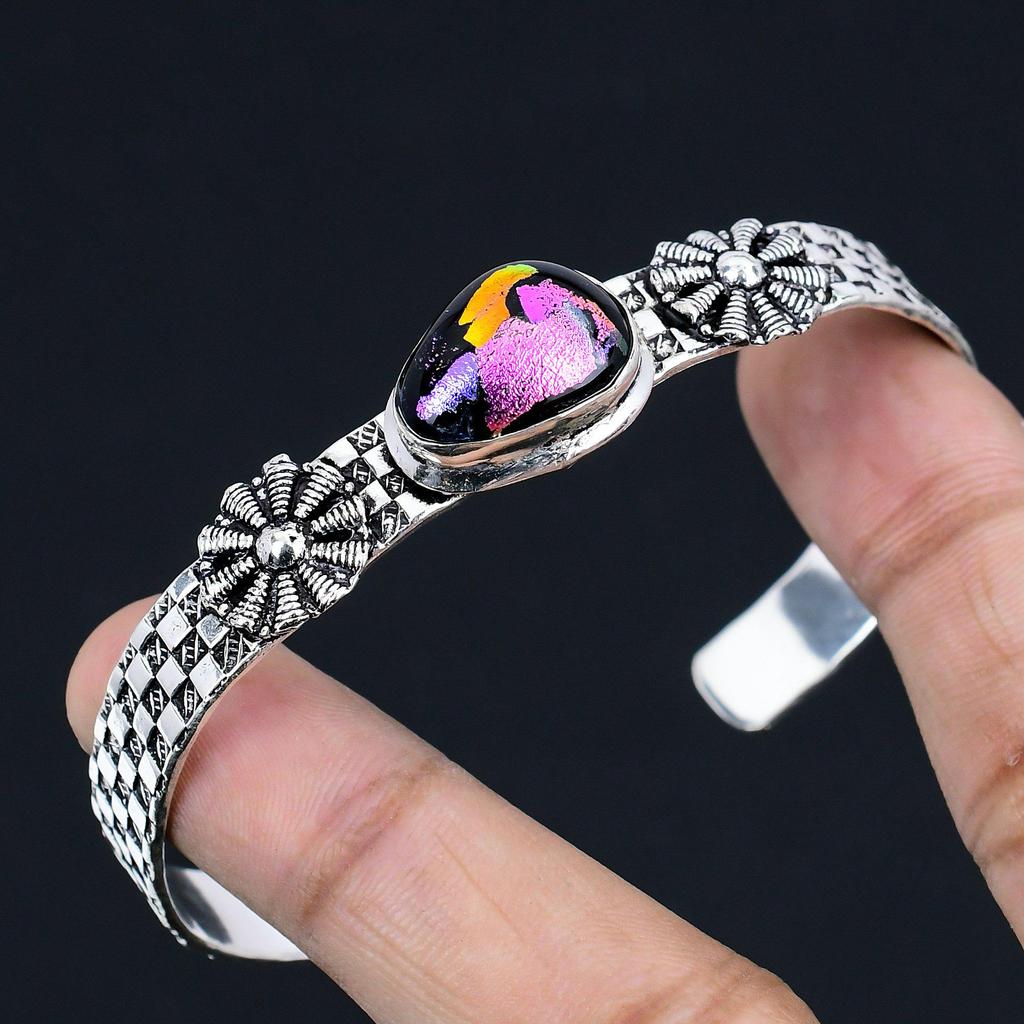 925 Sterling Silver American Dichroic Glass Stone Wedding Ethnic Bangle Jewelry