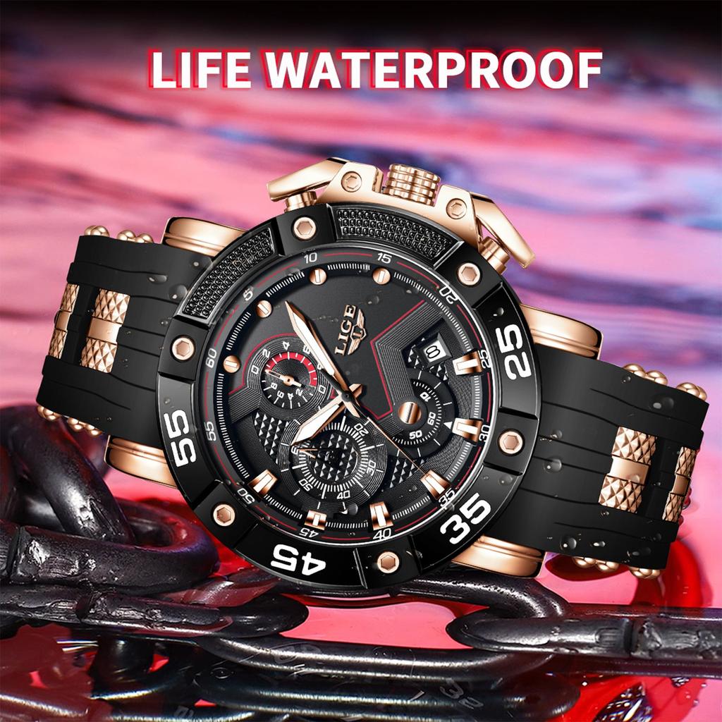 LIGE Men Watch Fashionable Sports Waterproof Silicone Strap Men's Quartz Watch