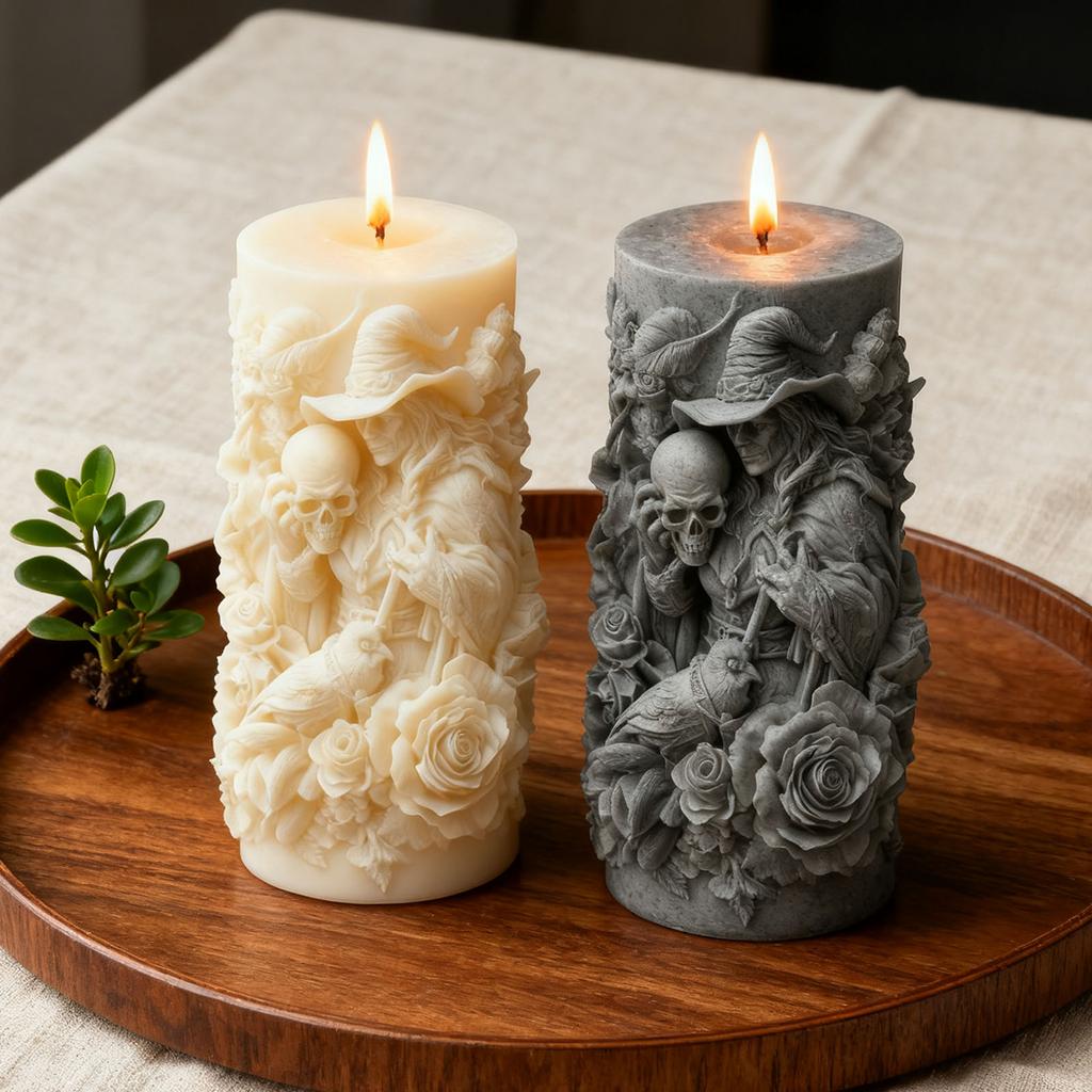 Форма для свечей с рельефом "Роза и Череп Волшебника" - Ароматическая свеча в темной тематике - Декор для дома, Демонстрирующий готическую эстетику
