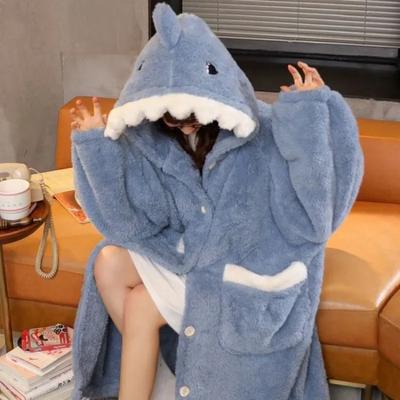 Халат Shark для женщин, ночная рубашка, зимняя ночная одежда, теплая флисовая пижама, цельная ночная рубашка на пуговицах с длинным рукавом, домашняя одежда