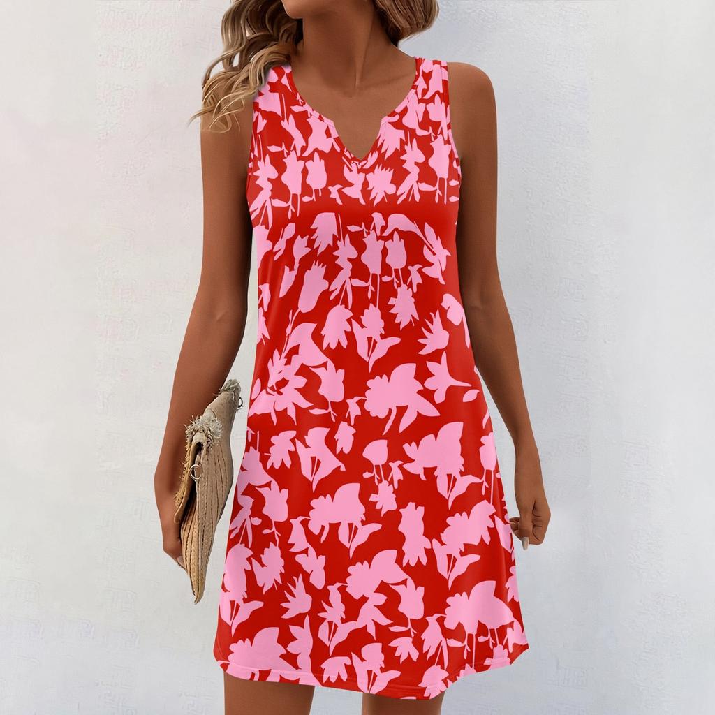 Женские летние платья с V-образным вырезом и принтом без рукавов Сарафан Повседневное платье
