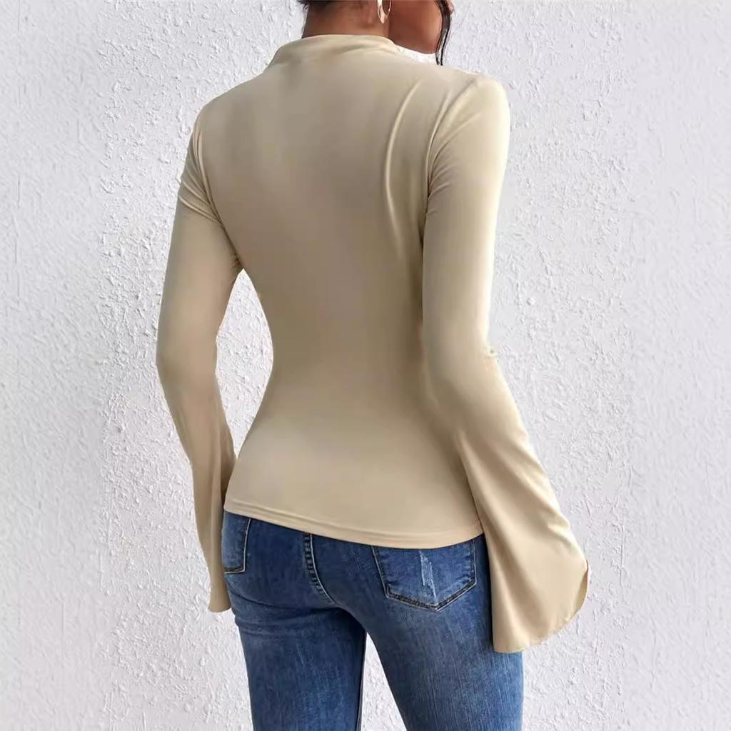 Autumn Versatile Pleated Top with Flared Sleeves Stand Up Collar Slim Fit Women's T-shirts