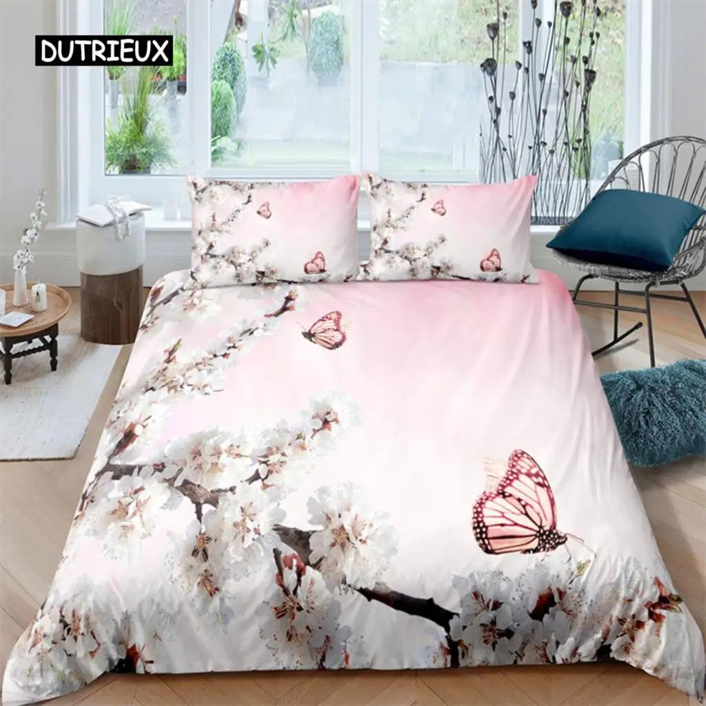 Plum Blossom Duvet Cover Collection King Pink Flower Quilt Cover For Girls Microfiber Branches Printed Bedding Collection