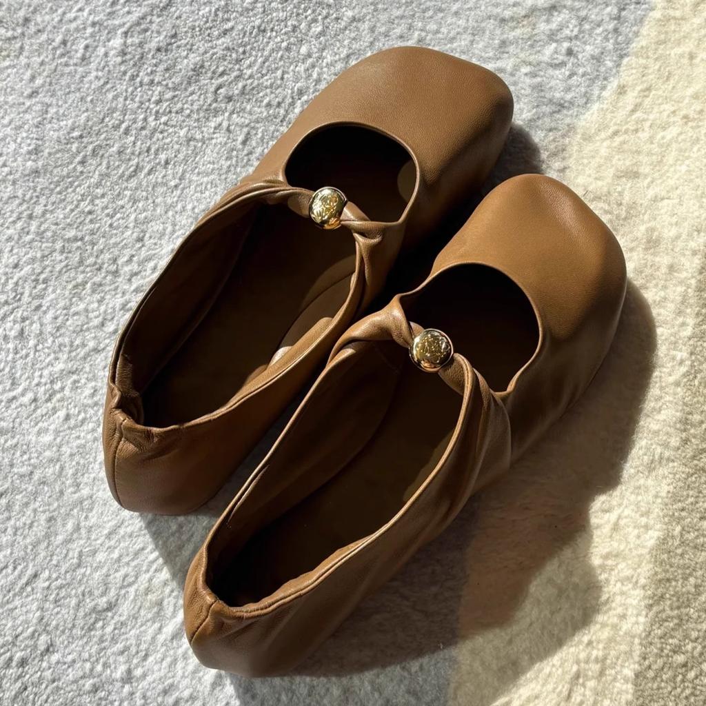 Sheepskin Version! Retro Pleated Shallow Mouth Square Head Single Shoes for Women with Soft Bottom Flat Bottom Mary Jane Shoes for Women