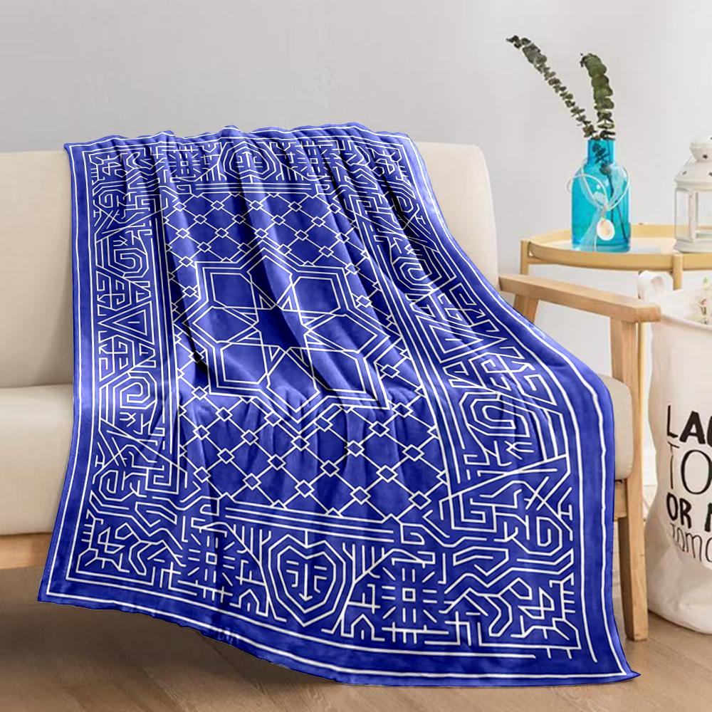 Geometric Blue blanket with Intricate White Pattern for blanket, suitable for use in the bedroom, living room, on the sofa