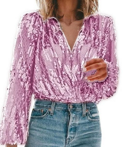 European & American V-Neck Sequin Women's Fashion Top