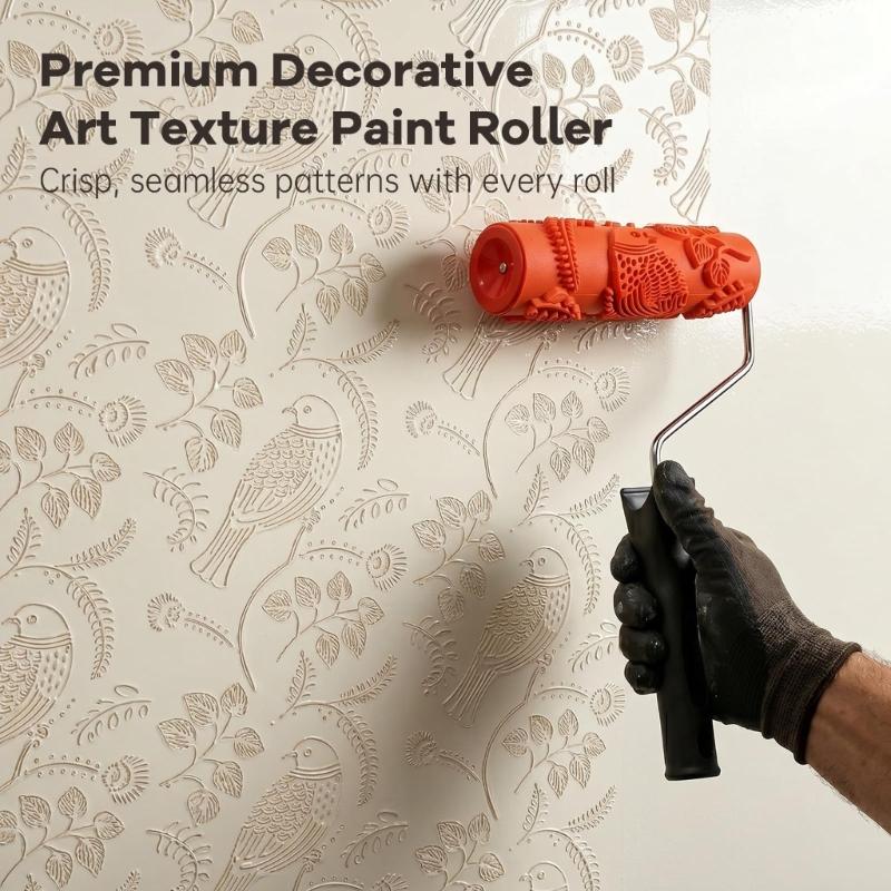 Decorative Texture Paint Roller with Bird and Leaf Embossed Rubber, 7 Inch Wall Pattern Roller for Accent Walls and DIY Paint Projects