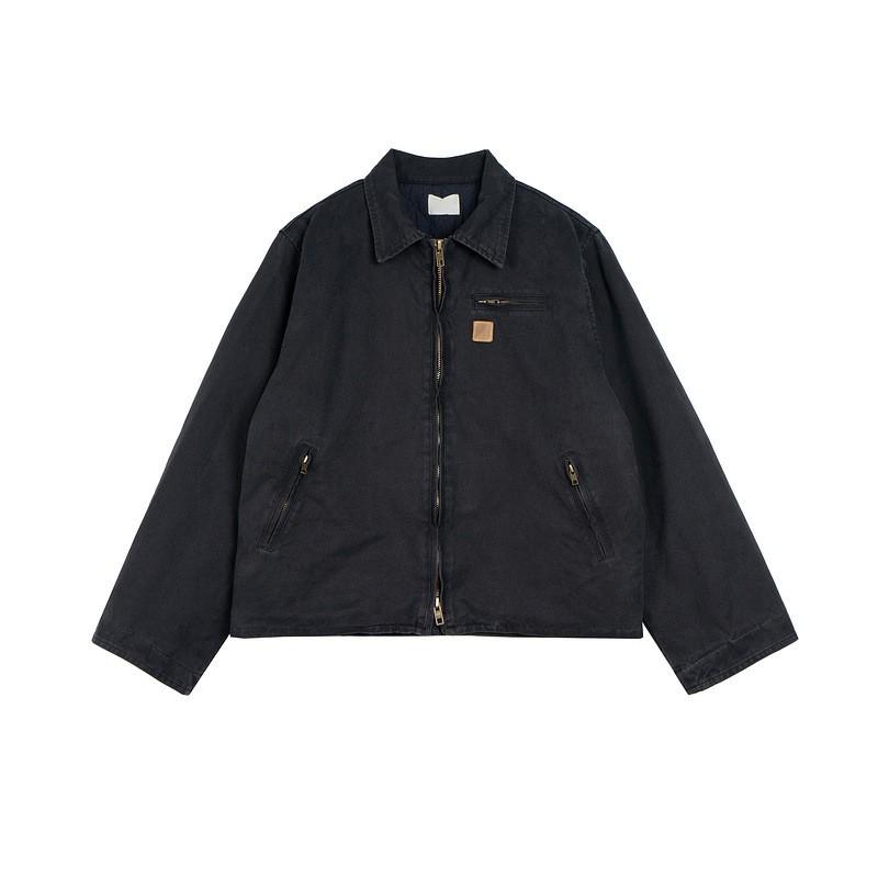 Винтажная washed-cotton рабочая куртка Мужская Женская Укороченная с лацканами На молнии Верхняя одежда Streetwear