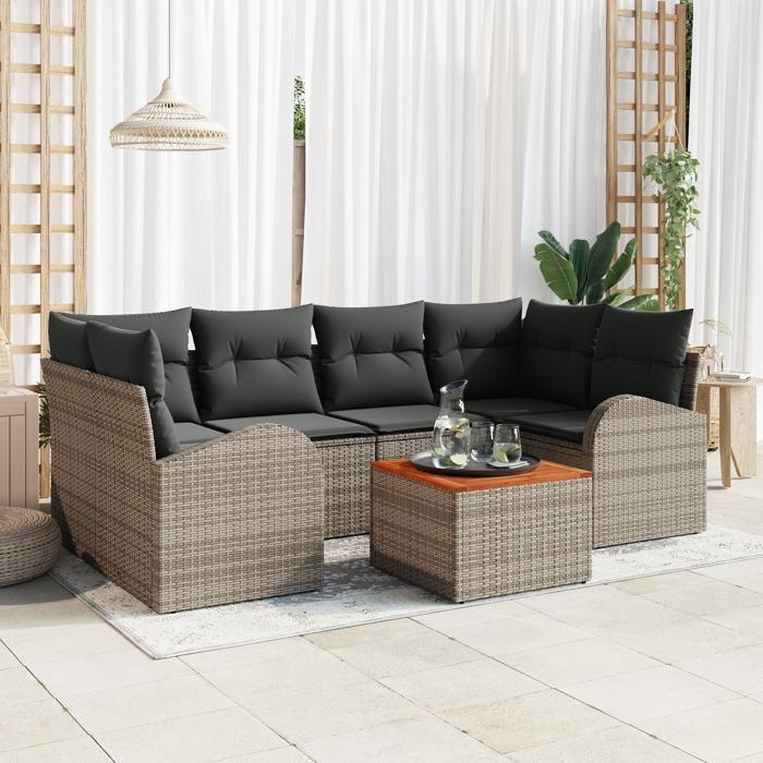 Ensemble de canapés de jardin de 7 pièces avec coussins gris poly rattan acacia, Canapé de jardin deux places avec rangement 3356200