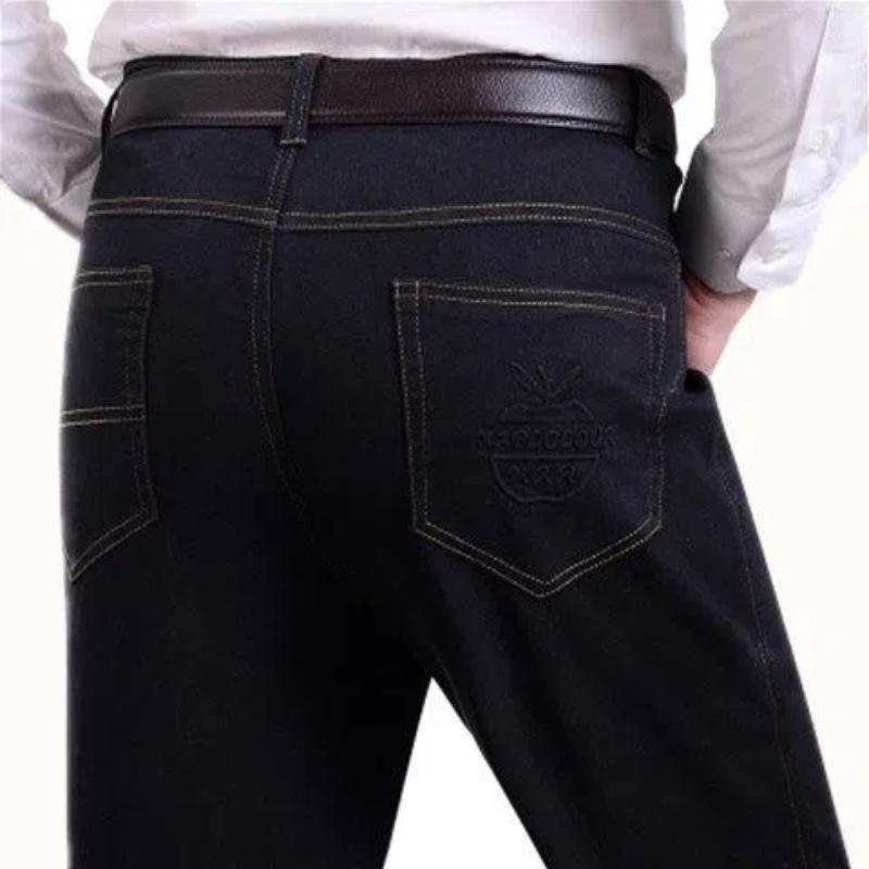 Winter Fashion Washed Distressed Jeans Men's Clothing Plus Fleece Thicken Loose Straight High Waist Baggy Elastic Casual Pants