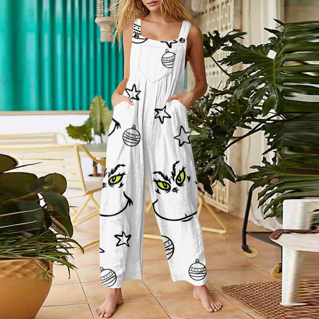 Women's Fashion Christmas Print Casual Retro Sleeveless Button Jumpsuit