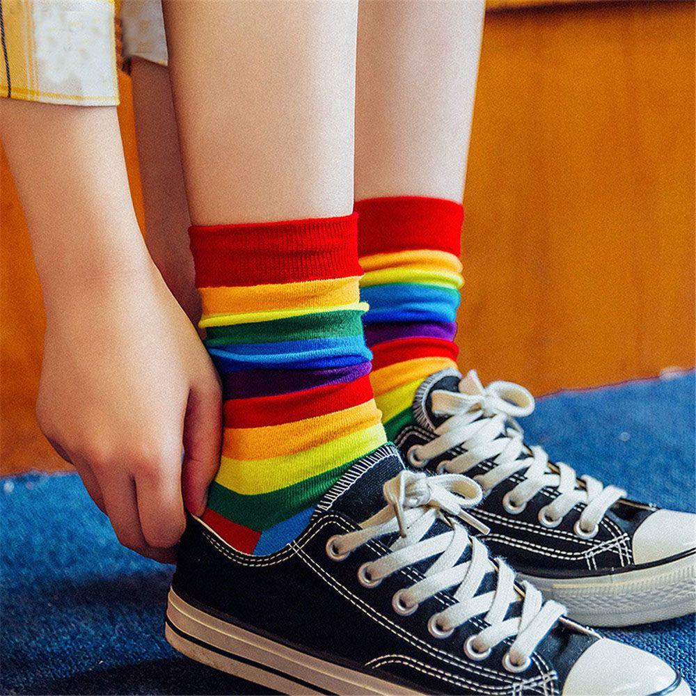 Street Skate Casual Sports Elasticity Sweat Retro Harajuku Long Sock Cotton Socks Rainbow Striped
