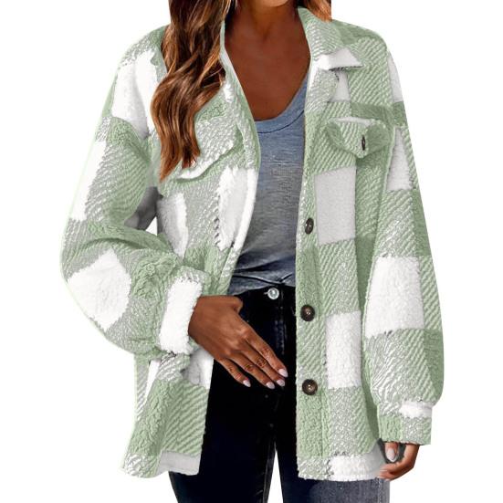 Fall Winter Women Jacket with Fake Pockets Contrast Color Plaid Print Plus Size