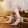 Summer Luxury Women's Fashion Pointed Toe Sequins Rhinestone Bow Crystal High Heel Sandals Party Wedding Shoes