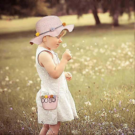 Dww-Rose-Girls' Sun Hat 2-8 Years Summer Straw Hats and Small Bag Set with Floral Decoration for Beach, Travel, Hiking