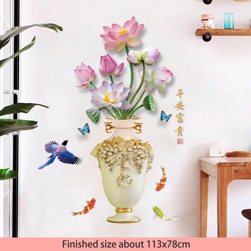 Chinese Style Classical Vase Flower Wall Sticker Rose Lotus Butterfly Decoration Decals Removable Wall Art Home Decor