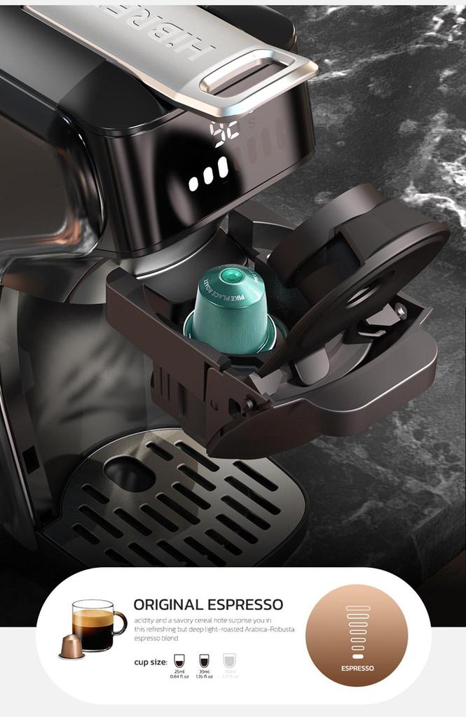 HiBREW Капсульная кофеварка H1B 5 в 1, резервуар для воды 600 мл, давление экстракции 19 бар, режим холодной/горячей воды, светодиодный индикатор - вилка европейского стандарта