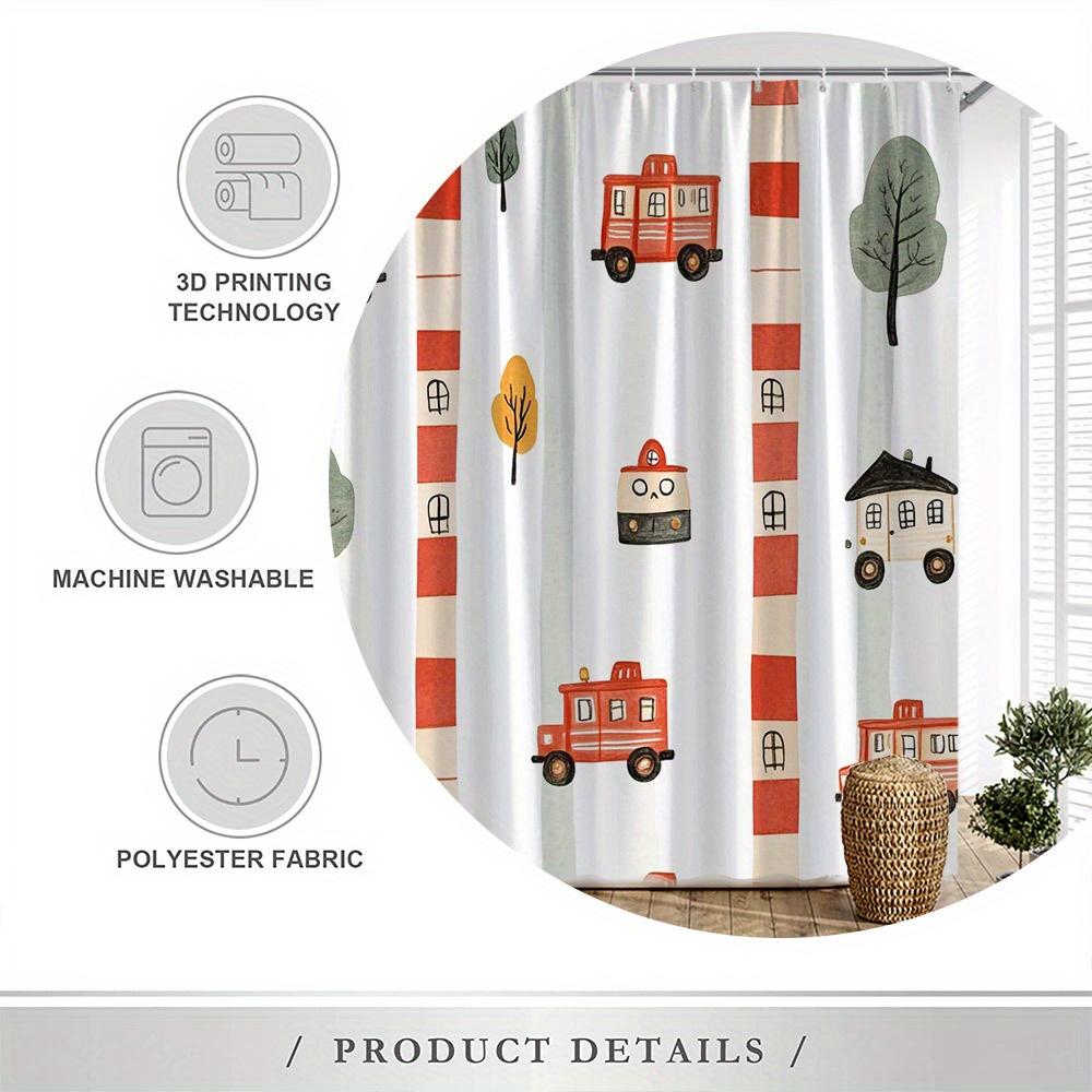 Whimsical Fire Truck Shower Curtain, Red & Green Stripes With Cartoon Trucks & Trees, Fade-Resistant Polyester, Fun Bath Decor