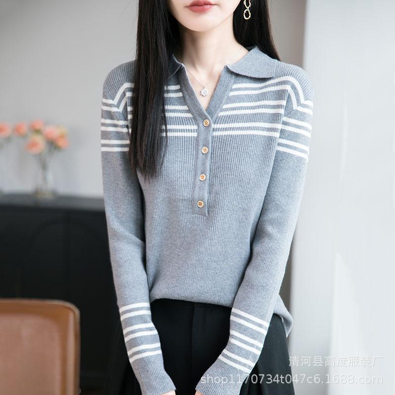 Multicolor Striped Lapel Scissor Cut Long-sleeved Knitted Sweater for Women, Spring and Autumn, Youthful, College-style Sweater, Slimming Top