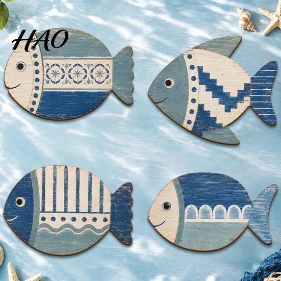 Geometric Pattern Wall Hangings 4PCS Wooden Fish Decoration, Rustic Mediterranean Style Hanging Plaques, Blue White Distressed Seaside Interior