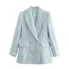 New Casual Women Tweed Blazer Vintage Office Lady Jacket Coat Double Breasted Spring Autumn Outerwear Female Chic Tops