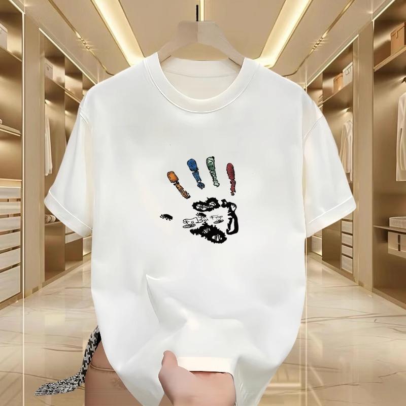 Palm Print Short-sleeved T-shirt Men's and Women's Summer Trend Men's T-shirt White Cotton Loose Versatile Top