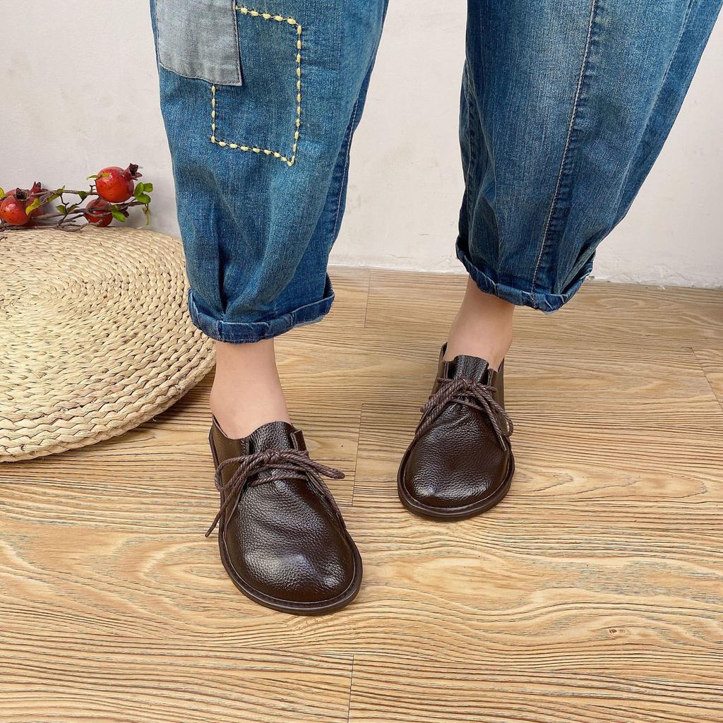Johnature Women Flats Shoes Round Toe Lace-up Genuine Leather Casual Handmade Comfortable Solid Color Shoes