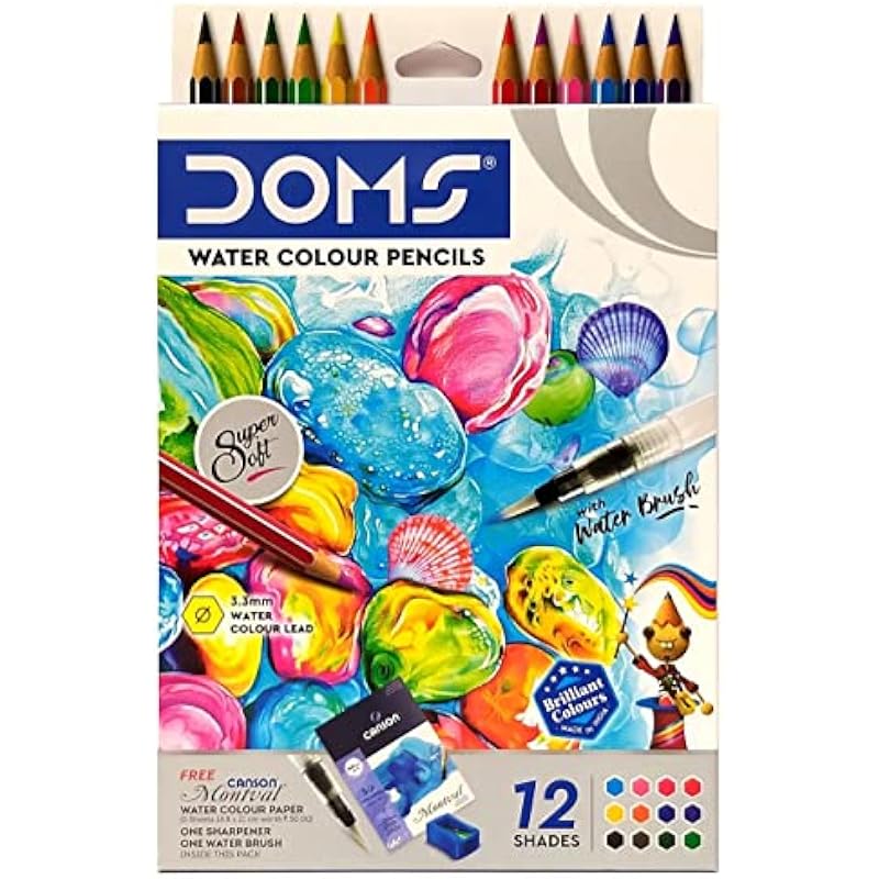 Doms Super Soft Hexagonal Pre-Sharpened Water Soluble Colour Pencils | Free Watercolor Paper, Sharpener & Water Brush |