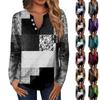 Women's Fashion Casual V-Neck Long Sleeve Loose  Printed T-Shirt Ladies Top With Decorative Buttons