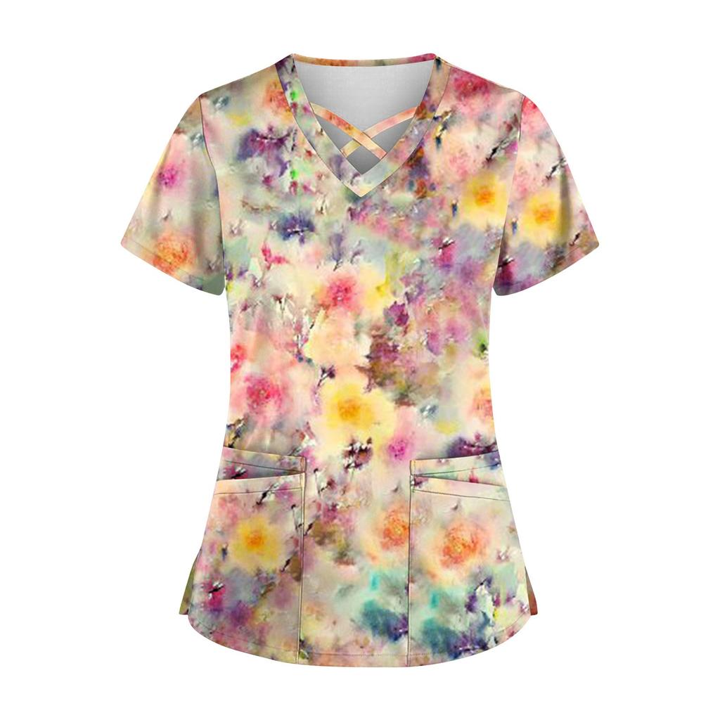 Плюс размер, милая рабочая форма с принтом, топы для женщин, забавные футболки с перекрестным v-образным вырезом и короткими рукавами, рабочая одежда, футболка с карманами