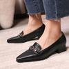 New Women's Fashion Single Shoes Pointed Casual Black Medium Heel Large Size Shoes Square Heel Comfortable Foot Cover One Pedal Leather Shoes