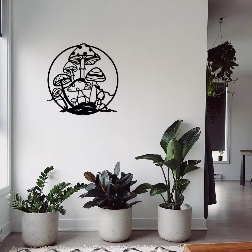 Mushroom Metal Wall Art – Black Silhouette Design | Stylish Wall Hanging Decoration | Ideal for Home, Bedroom, & Holiday Decor