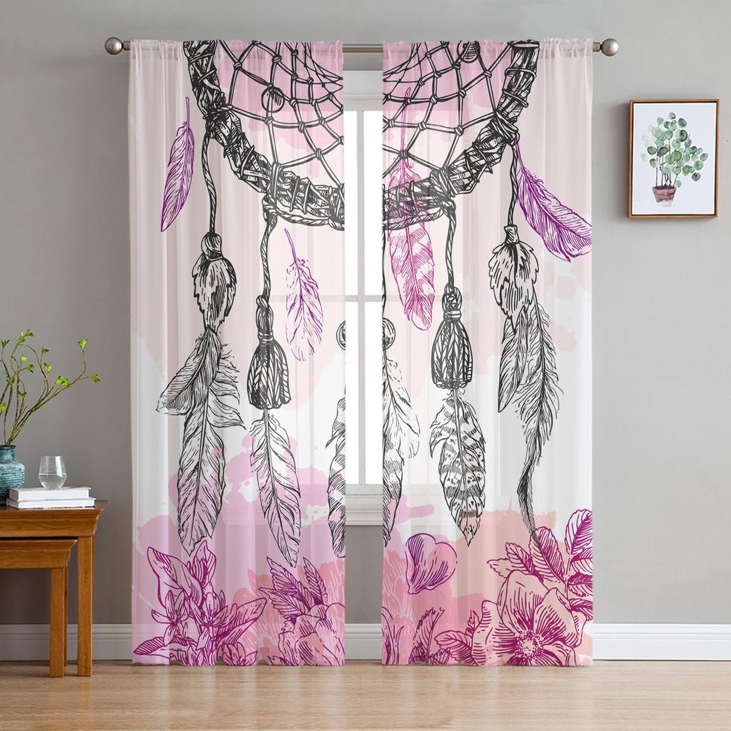 Индийские перья Этнические Ловец снов Прозрачные шторы для гостиной Украшения Оконные шторы Кухонные шторы из тюля и вуали